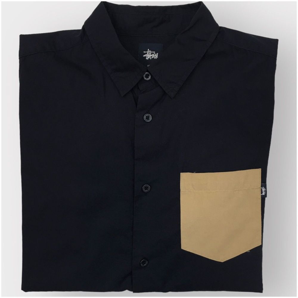 STUSSY Men's Short Sleeve Button Up Shirt Size S Navy Blue Cotton Chest‎ Pocket